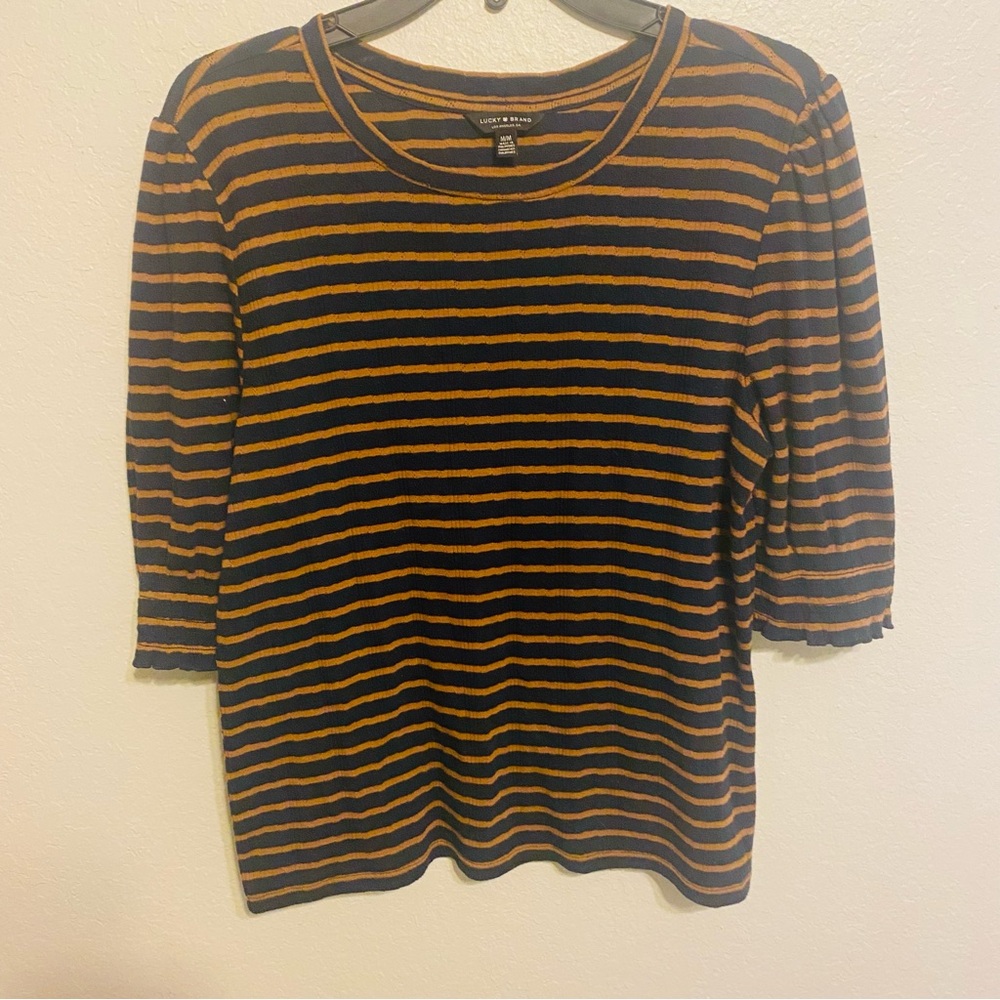 Lucky Brand Brown and Blue Fitted 3/4 Sleeve Tee